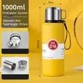 Yellow 1000ml vacuum insulated stainless steel water bottle with portable carrying strap - 1000ml / Handle Lid + Carrying Rope / Bright Yellow