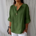 Camicetta da donna in cotone e lino verde militare con scollo a V e vestibilità ampia - Verde