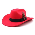 Classic red wool felt fedora hat with black ribbon and spotted feather decoration - M(56-58cm) / Red