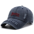 Vintage charcoal grey distressed baseball cap with red Mizooear embroidery and worn holes - Adjustable / Navy Blue