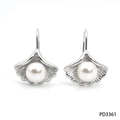 Silver ginkgo leaf pearl drop earrings with elegant radial engraved texture - Silver (PD3361)