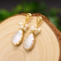 Baroque pearl earrings in white with vintage gold water drop design and silver pins - Teardrop Pearl Earrings