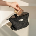 Portable black floral lace vanity bag with zipper closure and large storage space - Black Embroidery