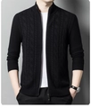 Men's black knitted cardigan with cable pattern, stand collar and front zipper closure - M / Black