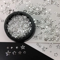 Silver star nail charms including hollow and solid shapes in a black round display container - 17# Pentagram Star