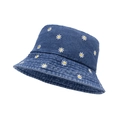 Blauwe denim vissershoed met madeliefjes borduursel voor zonbescherming en trendy stijl - M (56-58cm) / Donkerblauw