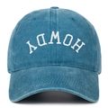 Detail of vintage washed blue cotton baseball cap with white mirrored Howdy embroidery - Adjustable / Lake Blue