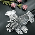 Elegant white lace gloves with mesh grid pattern and ruffled cuffs for weddings and parties - Full Finger/Short / White