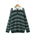 Relaxed polo neck knit sweater with green and white stripes and buttoned collar - S / Green