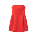 Detail shot of the structured seams and A-line hem of the red strapless mini dress - S / Red