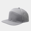 Detail of laser-cut ventilation holes on grey flat brim baseball cap for outdoor breathability - Light Gray