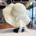 Detailed close-up of straw sun hat featuring elegant lace bow and organza brim details - Cream White Mesh Straw Hat (D-391)