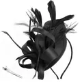 Elegant black feather fascinator hat with satin ribbon and headband for vintage party - Black