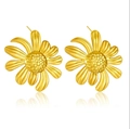 Golden brushed stainless steel earrings in large blooming sunflower shape design - Large Flower Brushed Texture