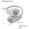 Anillo ajustable de acero inoxidable con patrón de serpiente y circonitas de corazón, 19mm - Talla 7 (Ajustable) / Corazón Color Acero Con Circonita Colorida