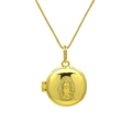 Detalle de un relicario redondo dorado con relieve religioso y cerco de piedras circonitas - DN240631-A (Solo Colgante)