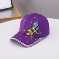 Detailed shot of purple cotton baseball cap with colorful rhinestone butterfly and brim - One Size / Purple