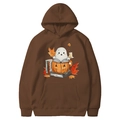 Brown Halloween hoodie with cute ghost and pumpkin graphic print for autumn style - Coffee