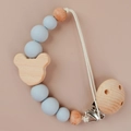 Blue silicone and wood pacifier clip with a bear head design on a pink background - Blue Gray(83#)