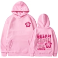 Pink hibiscus hoodie with Ocean Beach wild wave back print and front pocket - S / Pink (Blue Print)
