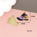 Detail view of witch hat enamel pendant showing front purple bow and gold back size dimensions - Witch Hat