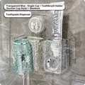 Blue ripple glass toothbrush holder and toothpaste dispenser with suction mounting - 1 Cup (Blue) + Bow + Dispenser