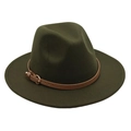 Close-up of olive green wool fedora hat featuring a brown leather belt buckle strap - M (56-58cm) / Army Green (Heart Buckle Belt)