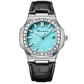 Square silver watch with turquoise dial, diamond bezel and black leather strap - Black Leather Turquoise Dial