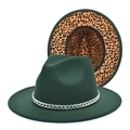 Close-up of wool fedora with silver chain trim and leopard print inner lining - M(56-58cm) / Dark Green