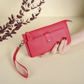 Red pebbled leather long wallet for women with metal buckle and detachable wristlet strap - Red