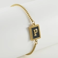 Golden box chain bracelet featuring a black enamel rectangular pendant with letter P - P-Black