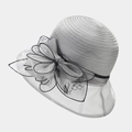 Detail of silver organza mesh flower and oversized bow on elegant formal sun hat - Light Gray