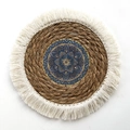 Bohemian round woven straw wall decor with blue mandala pattern and white cotton fringe - Pattern 4 (With Tassels 25cm)