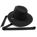 Classic black wool fedora hat with asymmetric long ribbon detail and golden eyelets - Black / M (56-59cm)