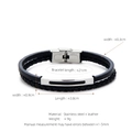 Men's multilayer black braided leather bracelet with silver stainless steel plate - Silver Slim Style (W-14-3)