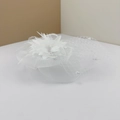 Detail of white fascinator hat with delicate mesh veil, feathers, and floral accents - White - With Clip