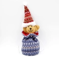 Blue knitted Christmas drawstring gift bag featuring a cute plush bear with a festive hat - Drawstring Knitted Bag - Bear Style