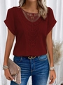 Detail of the V-neck lace hollow design on a burgundy short-sleeve knit top for women - S / Tops / Burgundy