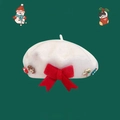 White wool beret with red bow and festive gingerbread, reindeer and Christmas tree decor - Large Bow Style / White