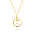 Golden titanium steel necklace featuring a zircon-encrusted letter T pendant for women - Letter T (S-N051-T)