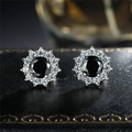 Sunflower halo stud earrings with black center stone and white zircon pave in silver - Black