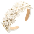 Detalle de flores de cuero blanco con centros de cristal en diadema ancha - Blanco