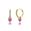 Golden heart purple enamel earrings with S925 silver needle and white zircons - Purple Enamel Heart Hoop Earrings