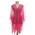Pink sheer mesh sun protection shawl with elegant pearl buttons and V-neckline - Rose Red