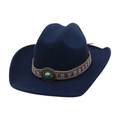 Navy blue western cowboy felt hat with ethnic embroidery and turquoise gemstone accent - One Size / Navy Blue (Turquoise)