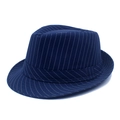 Dark blue pinstripe fedora hat with a classic crown and matching ribbon trim - Navy Blue