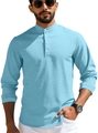 Men's light blue waffle knit polo shirt with three-button stand collar in a relaxed fit - Light Blue