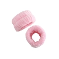 Close-up of soft pink coral fleece wrist wash bands showing plush fiber texture - Headband + 2 Wristbands Set / Pink