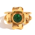 18K gold plated stainless steel ring featuring a green malachite four-leaf flower design - Gold Malachite