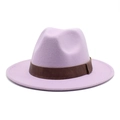 Detailed close-up of a lavender wool fedora hat with a premium dark brown leather band - M (56-58cm) / Taro Purple